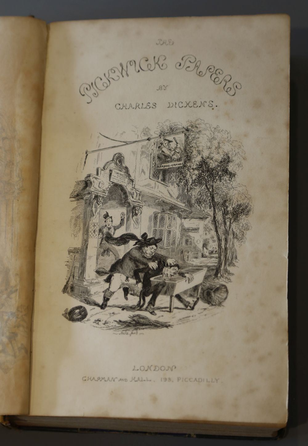 Dickens, Charles - The Posthumous Papers of the Pickwick Club, frontis, engraved title and 41 plates (by H.K. Brown and Robert Seymour)